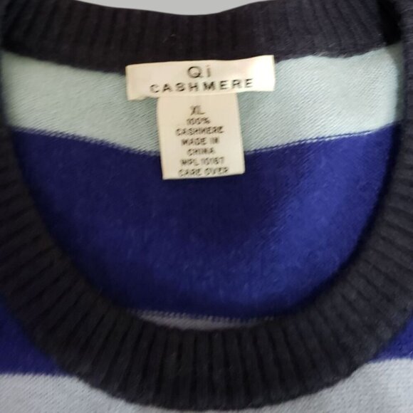 Qi Cashmere Pullover Striped Sweater Multicolor Blue Green & Brown XLarge - Picture 4 of 8